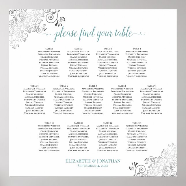 13 Table Frilly Wedding Seating Chart White & Teal (Front)