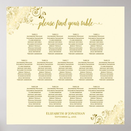 13 Table Gold Frills Cream Wedding Seating Chart