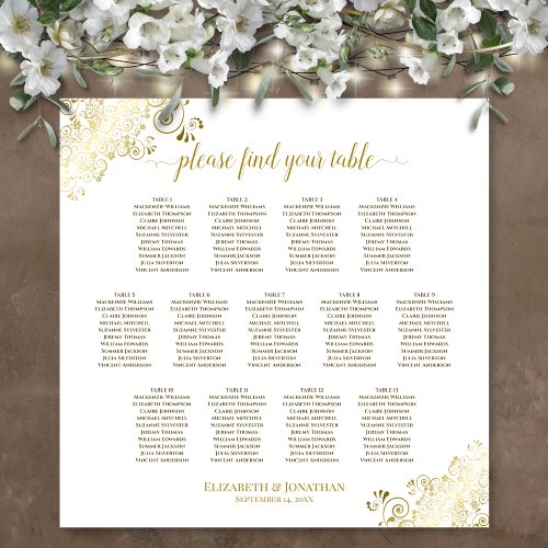 13 Table Gold Frills White Wedding Seating Chart