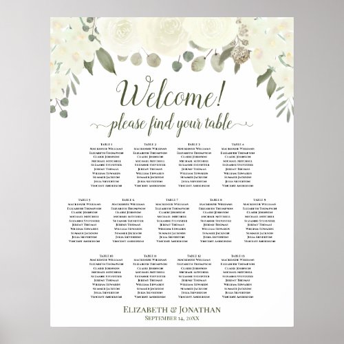 13 Table Ivory White Floral Wedding Seating Chart