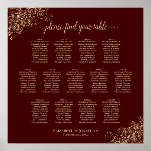 13 Table Lacy Gold  Auburn Wedding Seating Chart