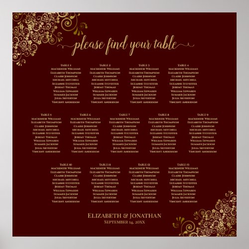13 Table Lacy Gold & Auburn Wedding Seating Chart