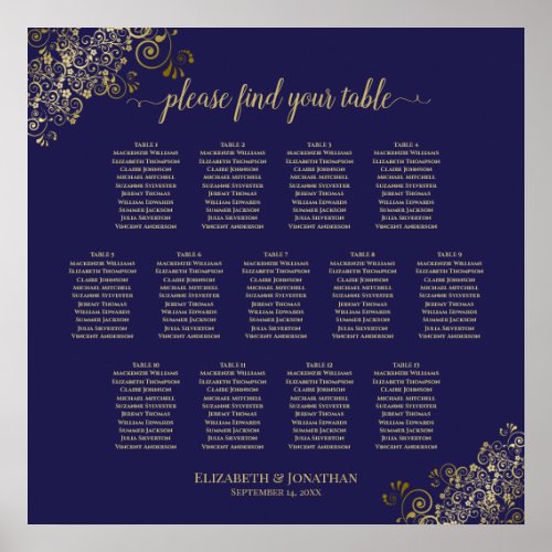 13 Table Lacy Gold Navy Blue Wedding Seating Chart