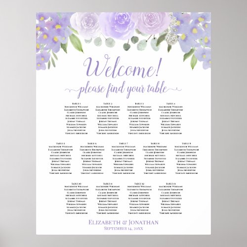 13 Table Lavender Floral Wedding Seating Chart