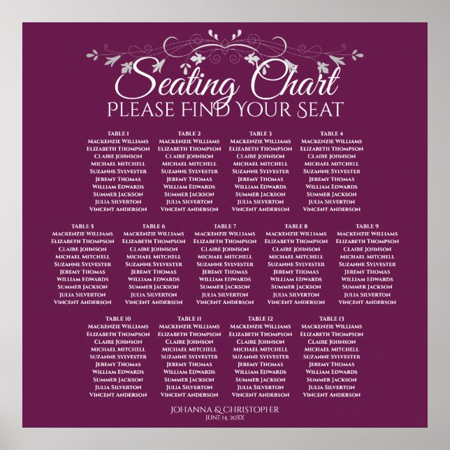 13 Table Magenta Plum Wedding Seating Chart (Front)