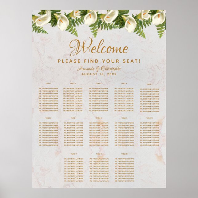 13 Table Marble Wedding Seating Chart Calla Lilies (Front)
