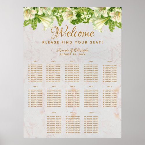 13 Table Marble Wedding Seating Chart White Lilies