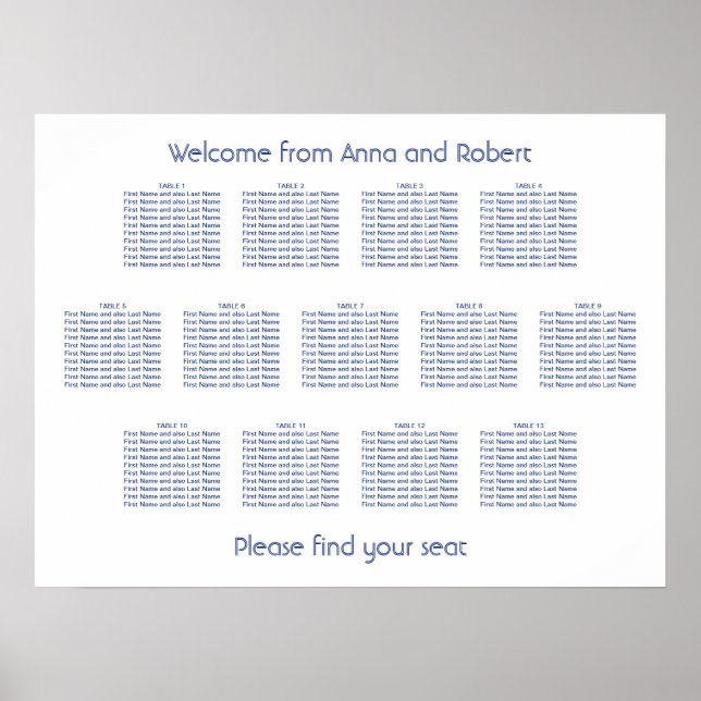 13 Table Minimalist Dark Blue Seating Chart (Front)