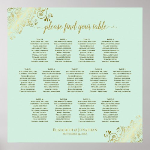 13 Table Mint Green  Gold Wedding Seating Chart