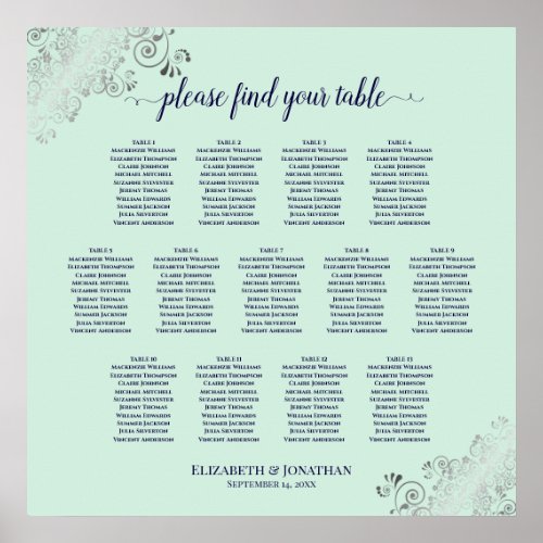 13 Table Mint Green  Navy Wedding Seating Chart