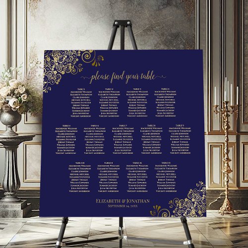 13 Table Navy Blue  Gold Wedding Seating Chart Foam Board