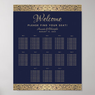 13 Table Navy Blue Wedding Seating Chart Gold Rose
