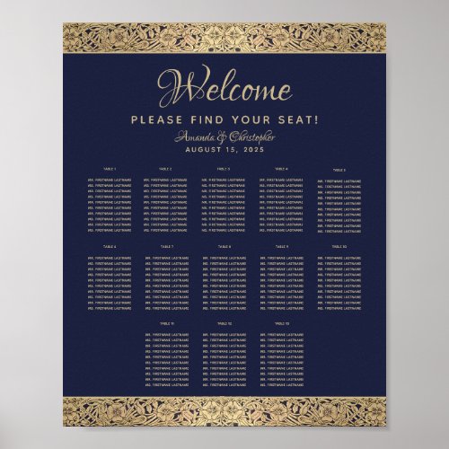 13 Table Navy Blue Wedding Seating Chart Gold Rose