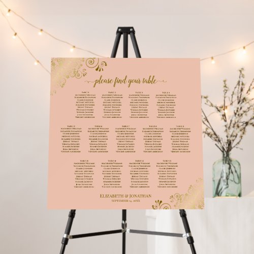 13 Table Ornate Peach & Gold Wedding Seating Chart Foam Board