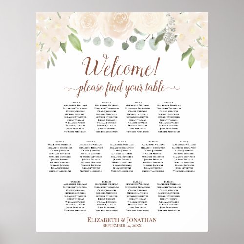 13 Table Pale Peach Roses Wedding Seating Chart