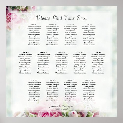13 Table Pink Roses Elegant Wedding Seating Chart