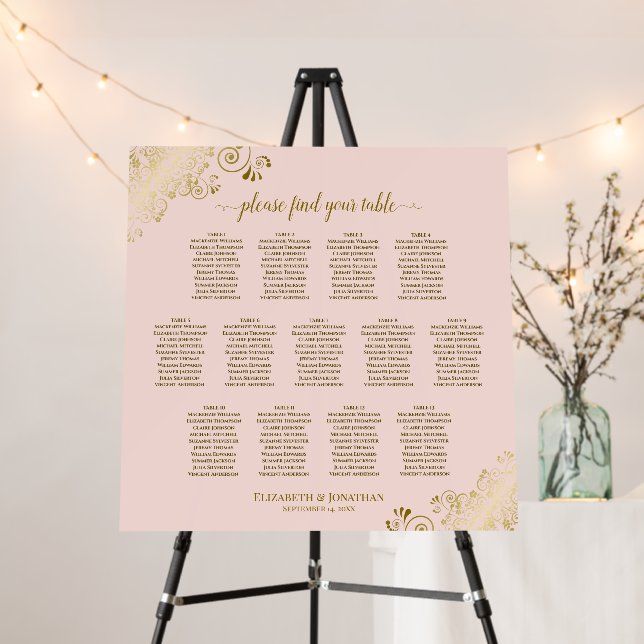 13 Table Pink Wedding Seating Chart Golden Frills Foam Board (In Situ (Stand))