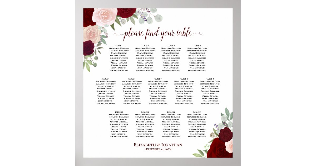 Red Roses Table Seating 13 Table Red & Pink Roses Wedding Seating Chart | Zazzle