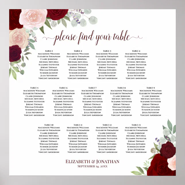 Red Roses Table Seating 13 Table Red & Pink Roses Wedding Seating Chart | Zazzle