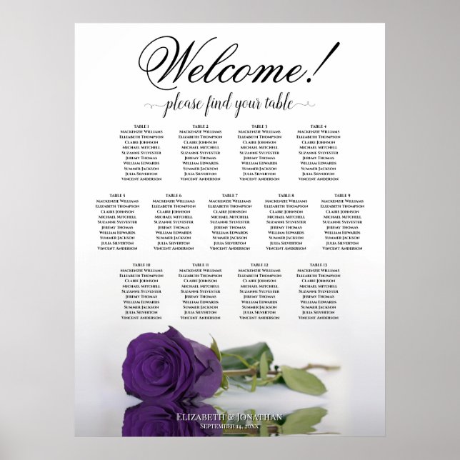 13 Table Royal Purple Rose Wedding Seating Chart (Front)