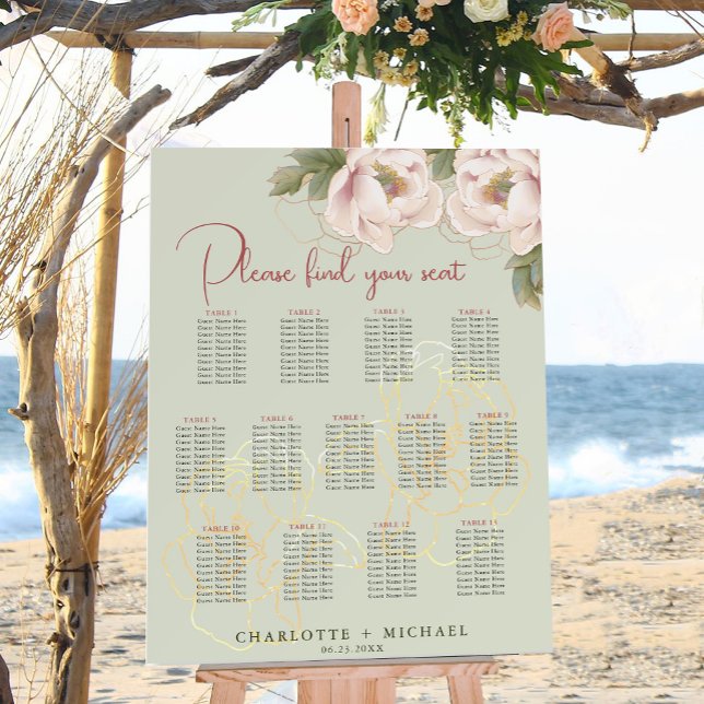 13 Table Sage & Blush Floral Wedding Seating Chart (Creator Uploaded)