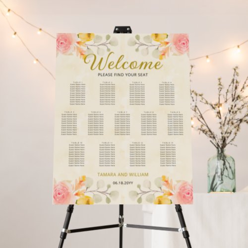 13 Table Seating Chart Watercolor Floral Wedding  Foam Board