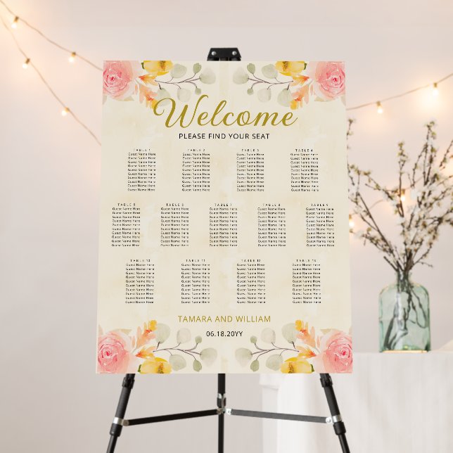 13 Table Seating Chart Watercolor Floral Wedding  Foam Board (In Situ (Stand))
