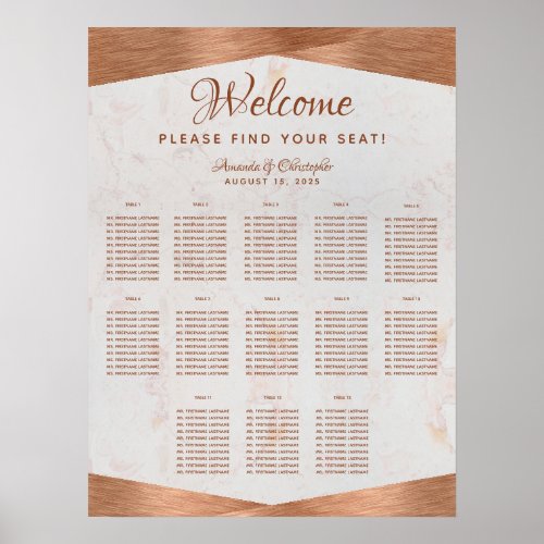 13 Table Seating Chart Wedding Copper Marble Metal