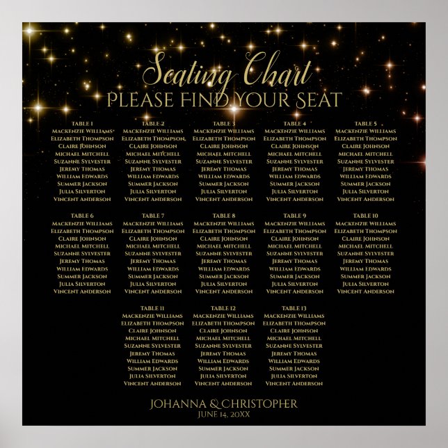 13 Table Shimmering Sparkles Wedding Seating Chart (Front)