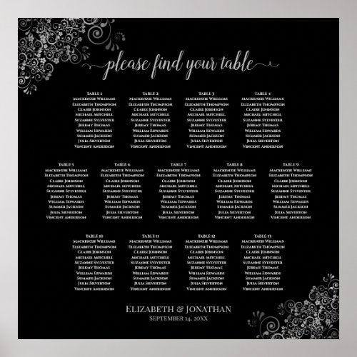 13 Table Silver Frills Black Wedding Seating Chart