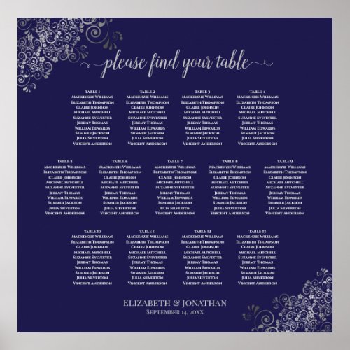 13 Table Silver  Navy Blue Wedding Seating Chart