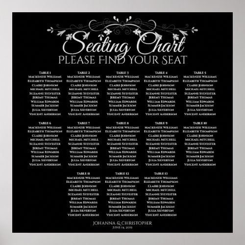 13 Table Silver on Black Wedding Seating Chart