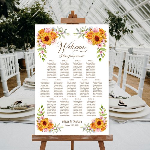 13 Table Sunflower Rose Wedding Seating Chart