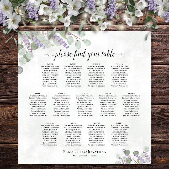 13 Table Wedding Seating Chart Eucalyptus Lavender (In Situ on Wall with Decor)