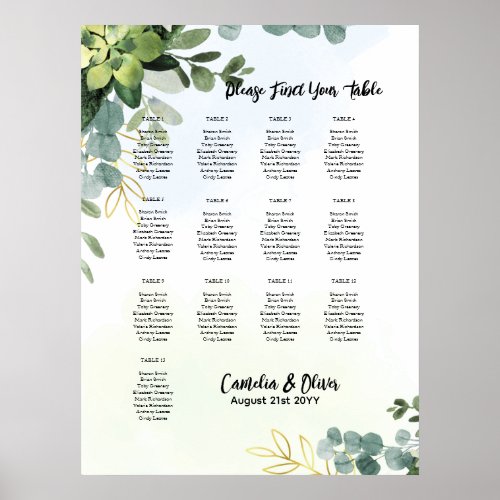 13 Table Wedding Seating Chart Greenery Eucalyptus