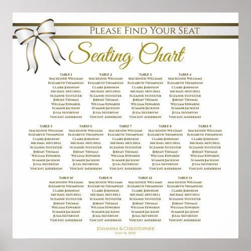 13 Table White  Gold Ribbon Wedding Seating Chart