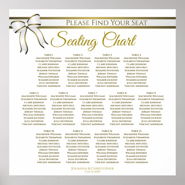 13 Table White & Gold Ribbon Wedding Seating Chart (Front)