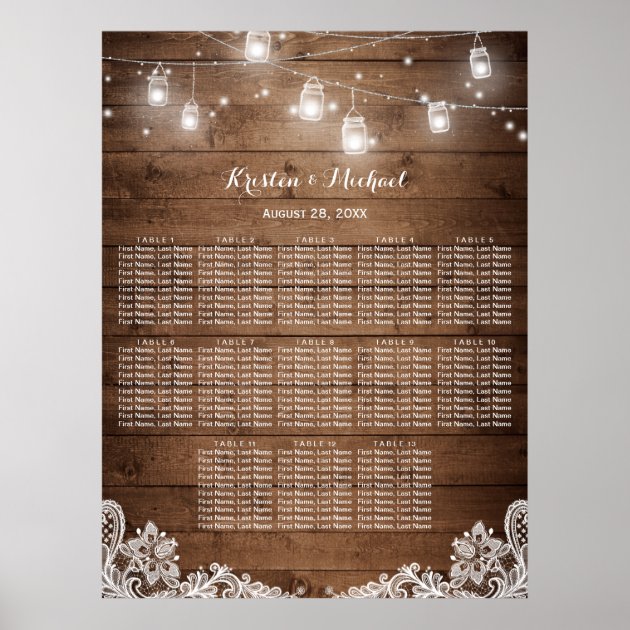 13 Tables Rustic String Lights Seating Chart Poster