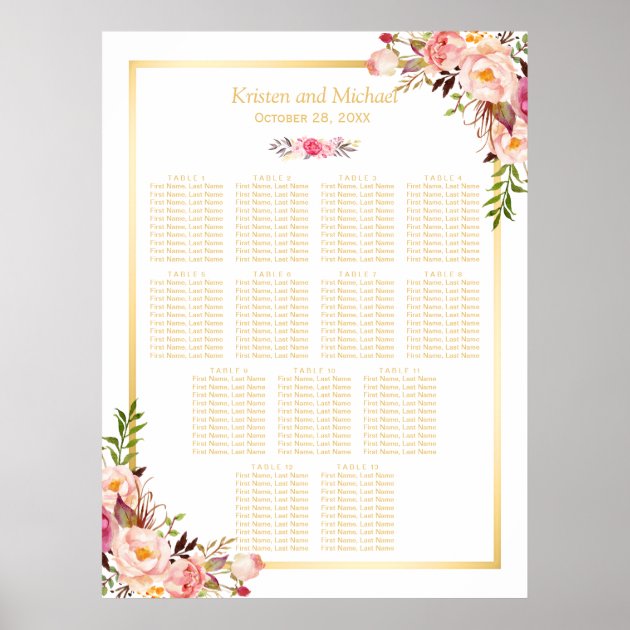 13 Tables Wedding Seating Chart Classy Chic Floral Poster