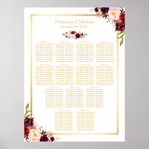 13 Tables Wedding Seating Gold Burgundy Floral Poster