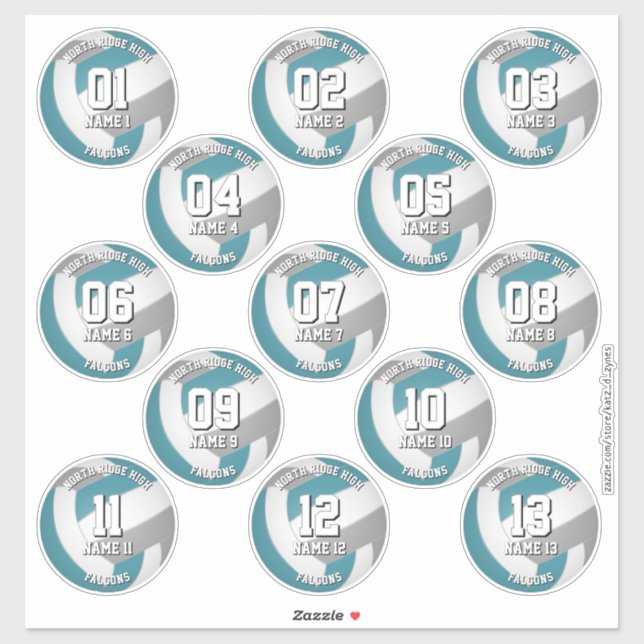 13 volleyball players teal gray team colors sticker (Sheet)