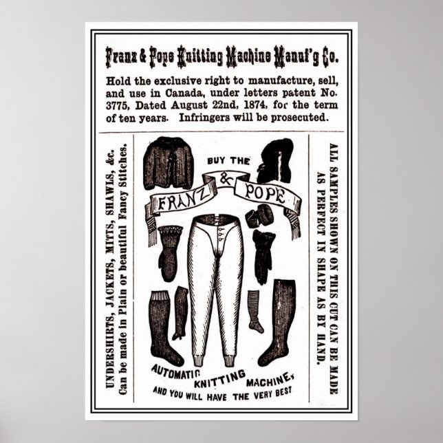 13" x 19" antique knitting machine ad poster (Front)