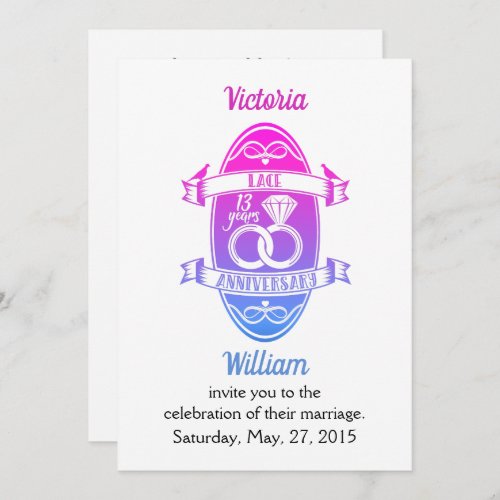 13 Year traditional Lace 13th wedding anniversary Invitation