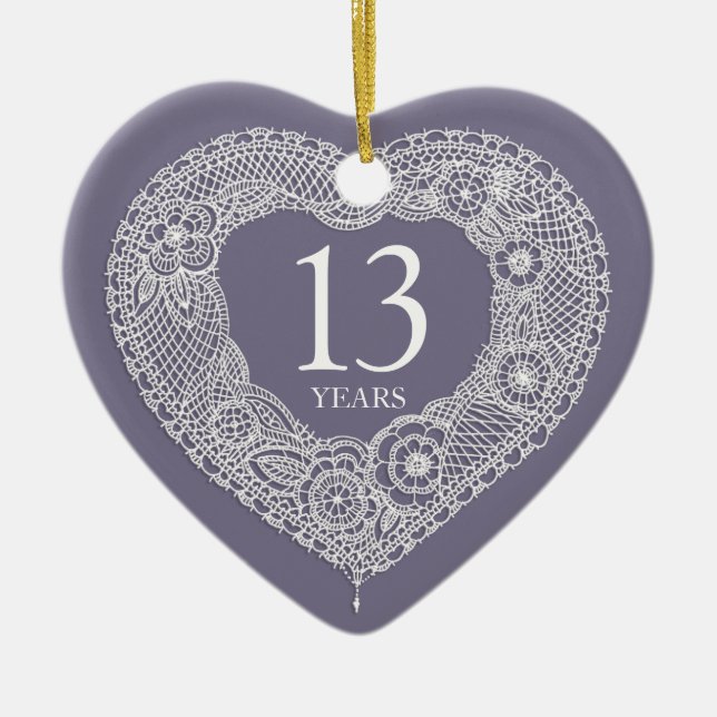 13 years lace anniversary heart photo ceramic ornament (Front)