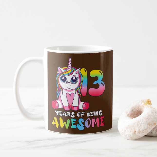 13 Years Old Girl Cute Unicorn 13th Birthday Coffee Mug (With Donut)