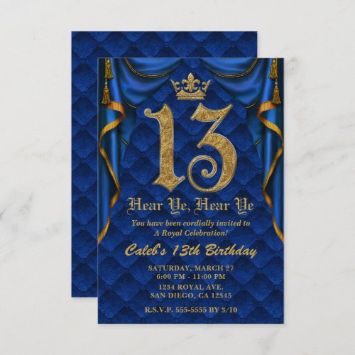 13TH 13 Birthday Party Royal Blue Gold Crown   Invitation