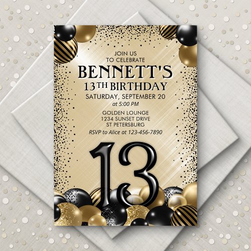 13th Balloons Black Gold Birthday Invitation