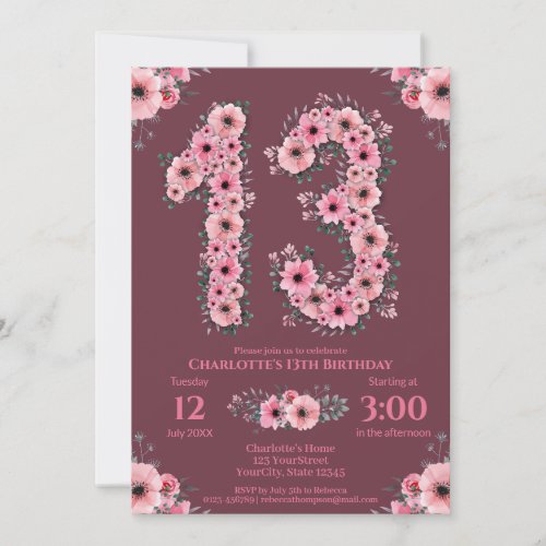 13th Big Birthday Girl Pink Flowers Green Foliage Invitation