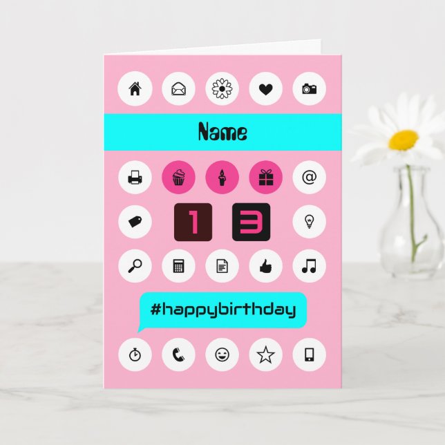 13th birthday add name smartphone inspired pink card (Small Plant)