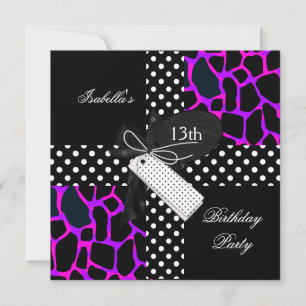 13th Birthday Animal Polka Dot Purple Black White Invitation